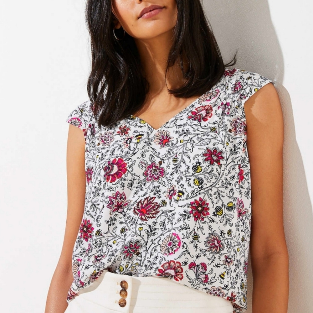 Loft Floral Smocked Trim Shell